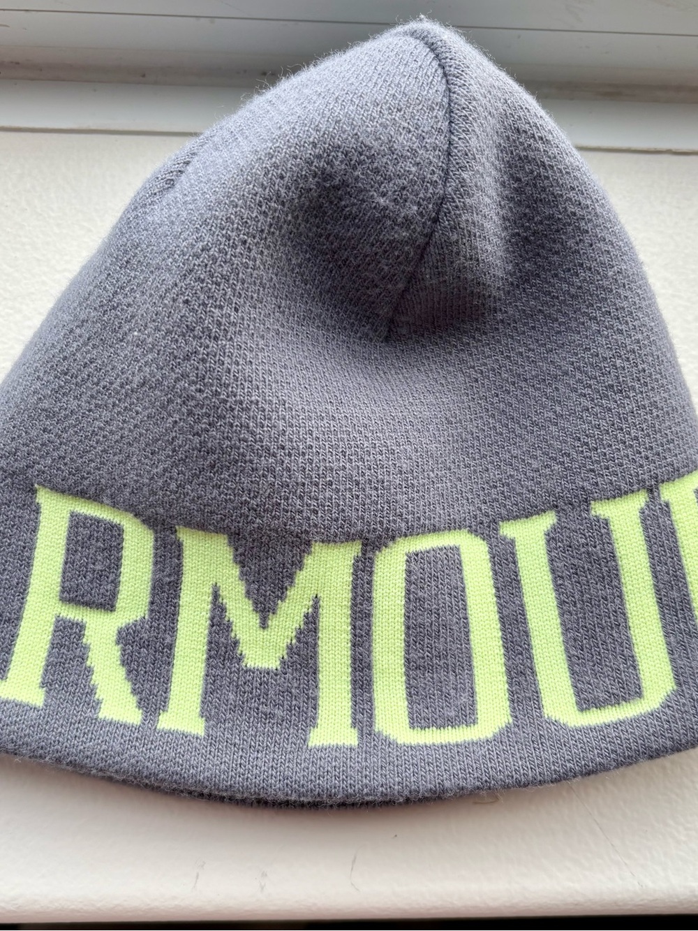 Under Armour Kids Knit Beanie in grey with Lime Lettering